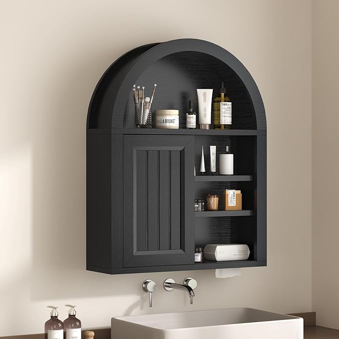Arched Bathroom Wall Cabinet, 23.6 x 30.3'' Over The Toilet Cabinet With Sliding Barn Door, Adjustable Shelf, Wall Mounted Cabinets for Bathroom Laundry Room Kitchen (Black,Sliding Door, 30IN)