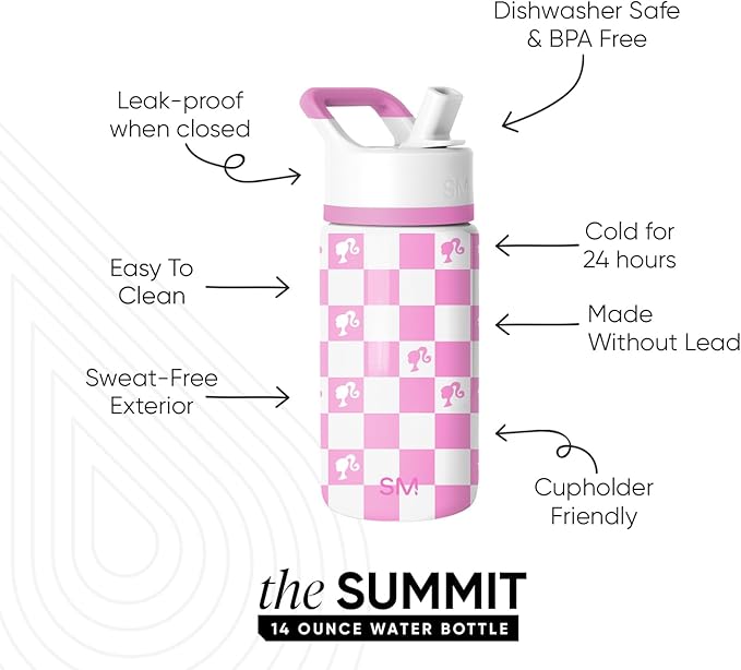 Simple Modern Kids Summit Water Bottle with Straw Lid | Mattel Barbie 14oz Stainless Steel Cup Insulated Tumbler for Girls, School | Barbie Checkmate