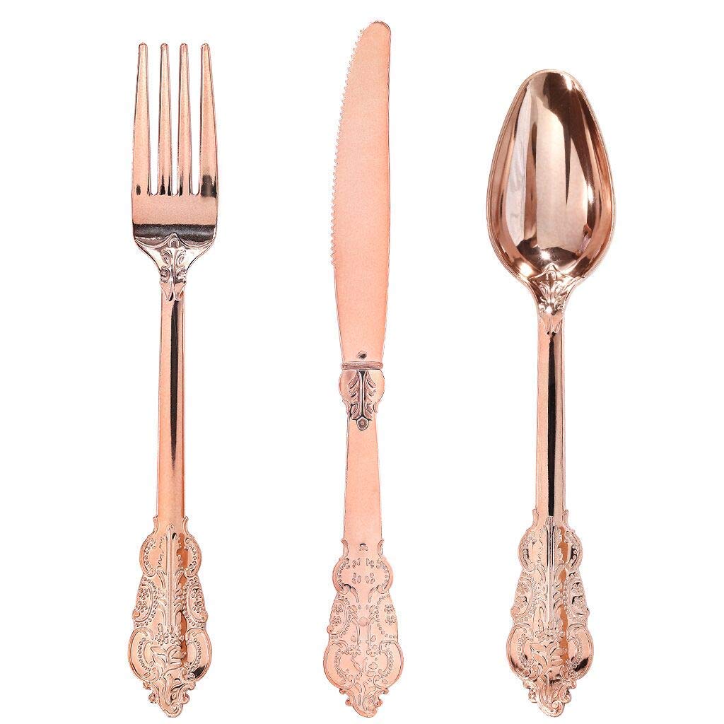 WDF300 Pieces Gold Plastic Silverware - Heavy Duty Disposable Cutlery Set Plastic Gold Silverware Set Includes 100 Forks, 100 Spoons, 100 Knives for Party/Baby Shower/Wedding/Birthday