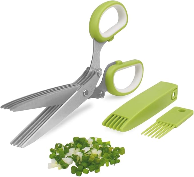 5 Blade Herb Scissors Kitchen Herb Shears Cutter Multipurpose Cutting Shear with 5 Stainless Steel Blades & Safety Cover & Cleaning Comb Salad Sizzors Cilantro Chive Parsley Onion Scissors (Black Red)