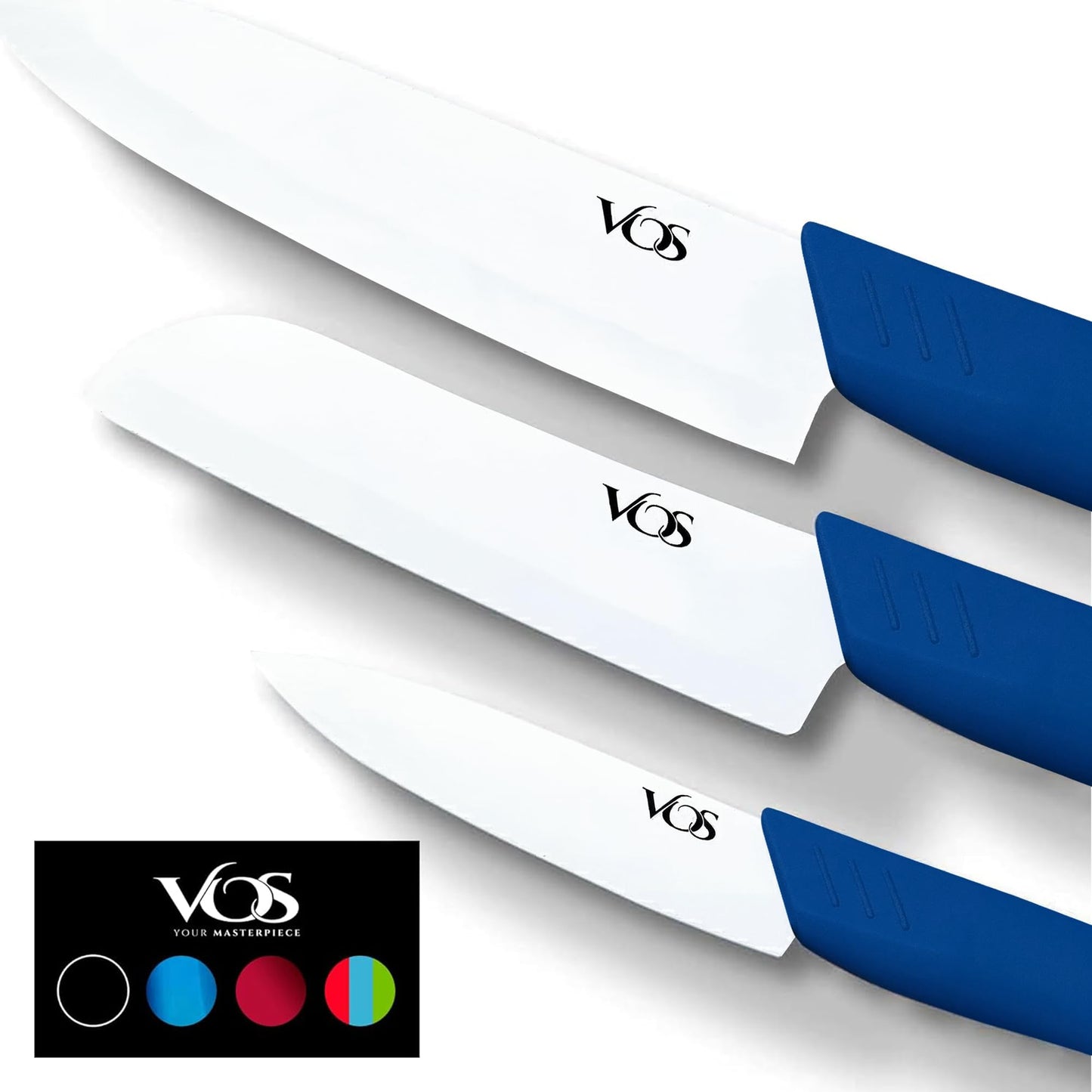 Vos Ceramic Knife Set in Elegant Gift Box, Ceramic Knives Set For Kitchen, Ultra Sharp Kitchen Knife Set with Covers, 4" 5" 6" Paring, Santoku & Chef Knife, Lightweight, Dishwasher safe (Black Handle)