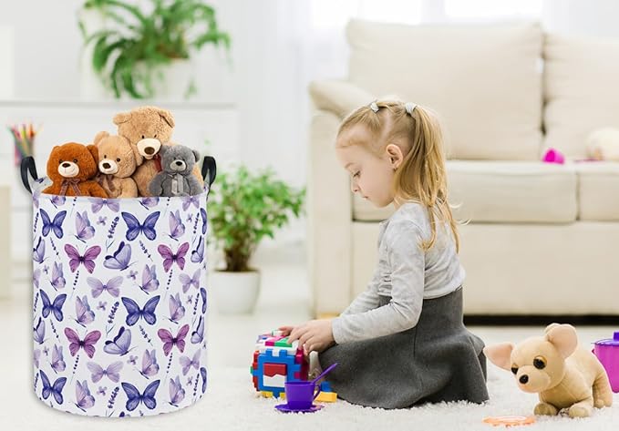Butterfly Laundry Basket Kids Hamper for Nursery Boy and Girl Hamper Cute Kids Toys Storage Bin Organizer Room Decor for Home(Purple Butterfly)