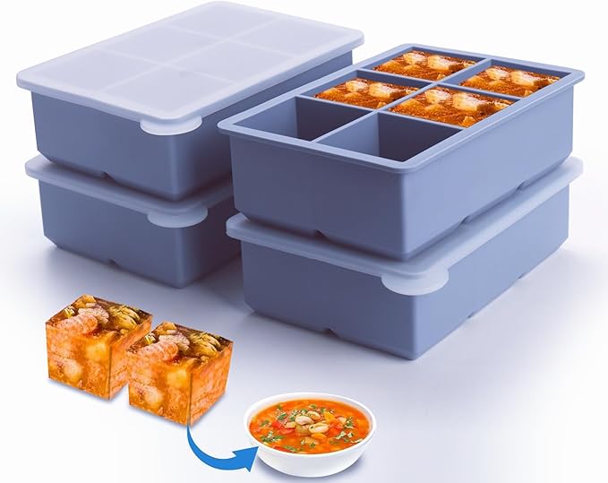 1/2 Cup Silicone Freezer Tray With Lid - Silicone Freezer Molds 2-Pack For meal prep & freezing of various sauces and other dishes, makes 12 perfect 1/2 cup portions cubes (Blue 2 Pack)
