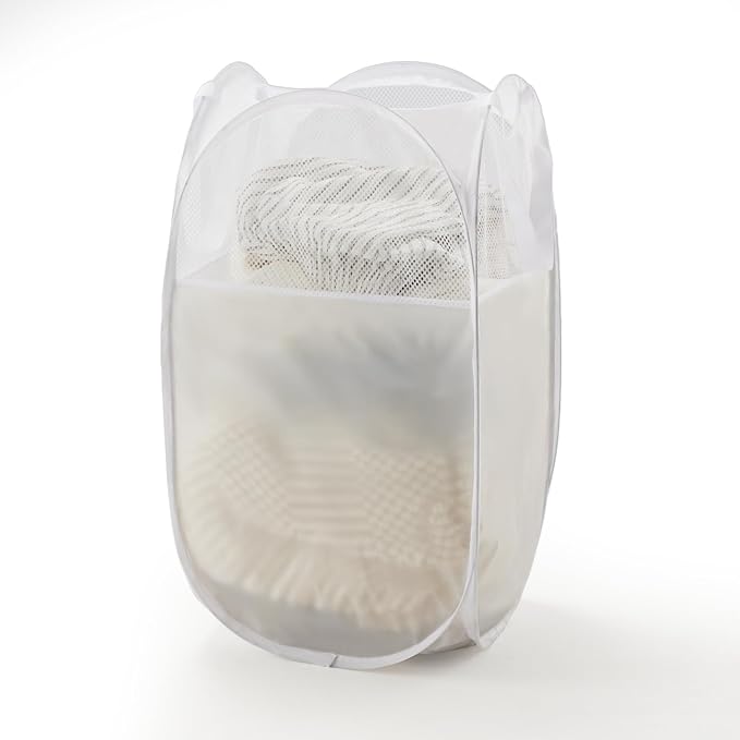 TECHMILLY Pop Up Foldable Laundry Basket, Mesh Laundry Hamper with Reinforced Handles for Dirty Clothes Storage in Dorm, Laundry Room, Bathroom, White(Fabric)