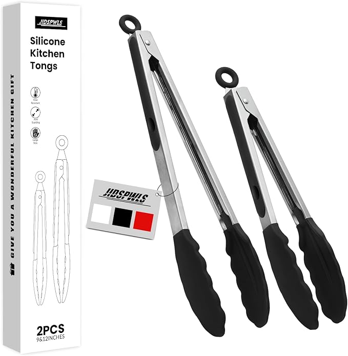 JIDSPWLS Premium Stainless Steel Heat Resistant Kitchen Tongs for cooking,set of 9" and 12" (Red),Non Scratch Silicone cooking Tong Tip for Cooking Pans,Strong Grip BBQ tongs for Grabbing Hot Food