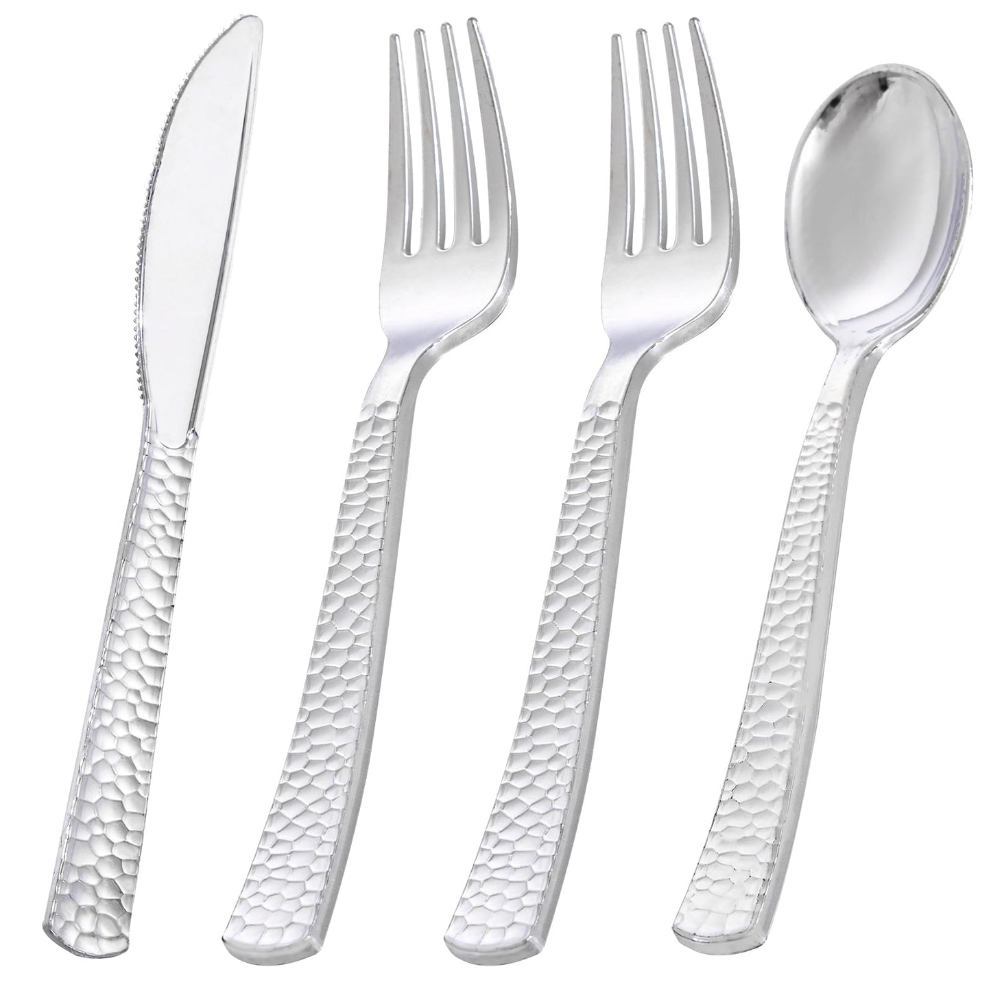 KIRE 400PCS Gold Plastic Silverware - Extra Heavy Duty Hammered Silverware Disposable Set, Gold Utensils Set Include 200 Forks,100 Knives,100 Spoons for Party/Wedding/Father's Day