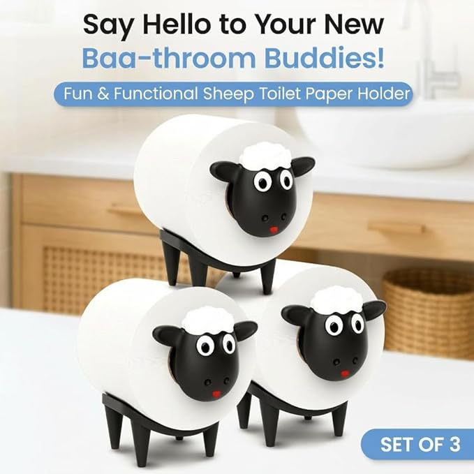 Sheep Toilet Paper Holder 3-Pack, Black Sheep Funny Bathroom Decor, Free Standing Cute Animal Toilet Paper Organizer, Unique Bathroom Accessories, Modern Farmhouse Decor, No Assembly, Gift-Ready