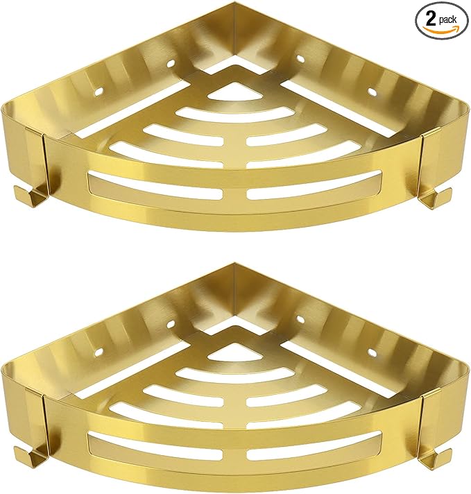 NearMoon Bathroom Corner Shelf Shower Caddy 2 Pack, No Drill 304 Stainless Steel Shower Organizer with 2 Hooks (Gold)