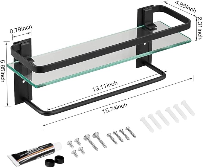 VOLPONE Bathroom Glass Shelf with Towel Bar Black Bathroom Shelf Wall Mount Rustproof Bathroom Wall Organizer Towel Rails1 Tier (Black)