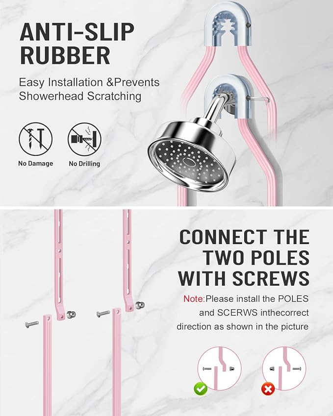 Adjustable Shower Caddy Hanging for Handheld Showerheads - Never Rust Shower Hanging Organizer, Upgraded Bathroom Shower Rack with Soap Basket, Hooks and Toothbrush Holder (Pink)