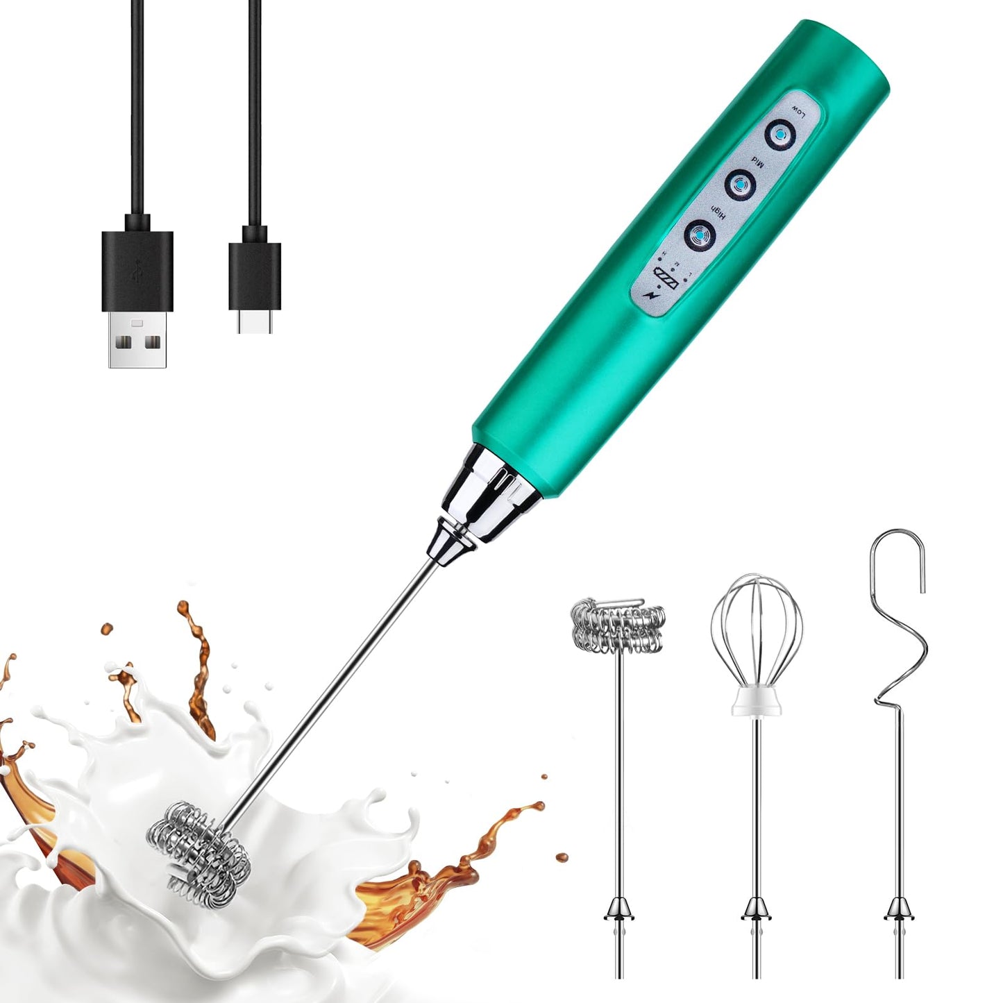 YUSWKO Handheld Milk Frother Wand for Coffee, Rechargeable Electric Whisk with 3 Heads 3 Speeds Drink Mixer Coffee Frother For Latte, Cappuccino, Hot Chocolate, Egg, Beige
