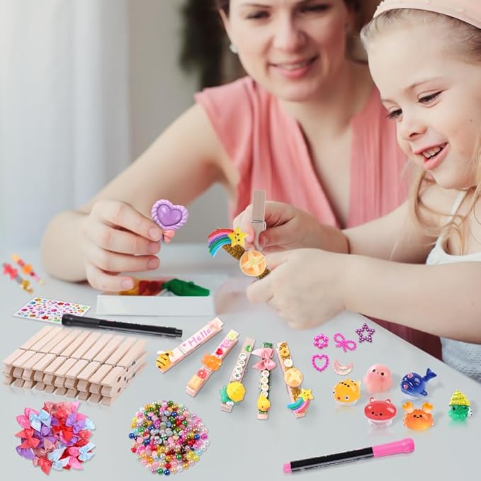 JOICEE 80PCS Cheer Pins Spirit Clips,Include 80 Natural Wooden Clothes Pins 126 Resin Animals Bows Daisy and Stickers Pen 300 Beads Pearls for Cheerleading Backpacks Ribbon Team Cheer Gifts