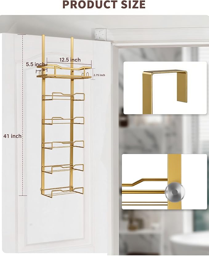 Hanging Towel Racks for Bathroom No Drill - 6-Tier Over The Door Bath Towel Storage Organizer for Small Bathrooms - Tiered Back of Door Towel Holder Hanger for Rolled Towels RV Camper Gold