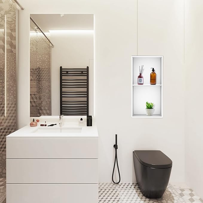 Neodrain No Tile Shower Niche, Stainless Steel Wall Niche 13.1"X25.1"(Inner Size 12"X24"), Two-Tier Bathroom Shelf, NO Tile Needed Recessed Storage for Bathroom Storage, White