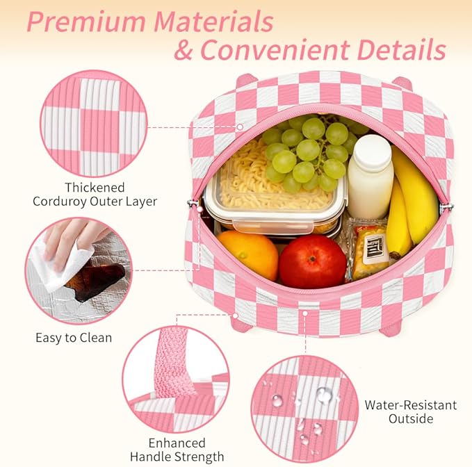 Coobiiya Corduroy Lunch Bag Lunch Box for Women Men, Cute Corduroy Lunch Tote Bags Insulated Reusable LunchBox Large Capacity Cooler Bag for Work Travel Picnic Pink