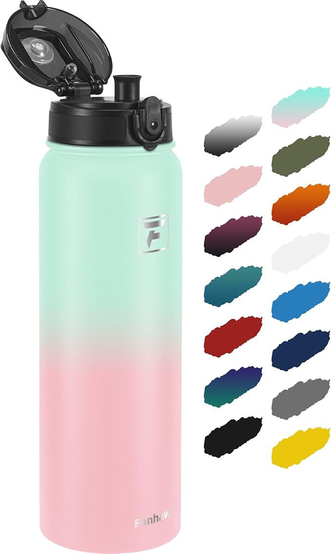 Fanhaw 32 oz Insulated Stainless Steel Water Bottle with Anti-Dust Chug Lid, Leakproof Vacuum Sports Bottle for Men & Women (Green Pink)