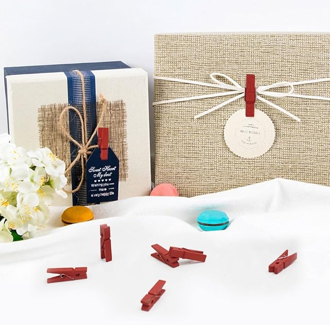 1.35 Inch Mini Clothes Pins100 PcsWith 32 Feet Jute Twine for Photo, Crafts, Pictures - Wooden Small Decorative Clothespins for Baby Shower (Red)