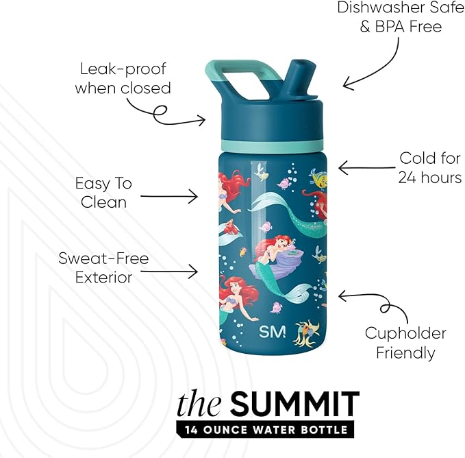 Simple Modern Kids Summit Water Bottle with Straw Lid | Disney Little Mermaid 14oz Stainless Steel Cup Insulated Tumbler for Girls, School | Ariel's Day Dream