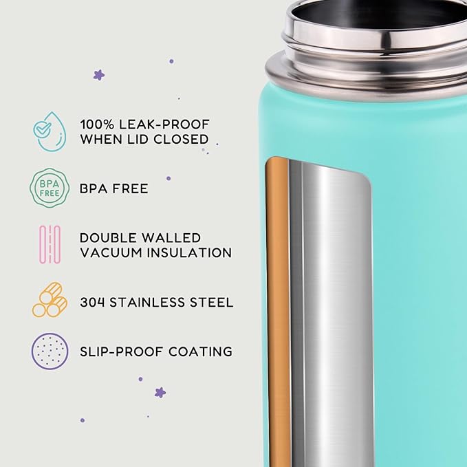 12oz Kids Water Bottle for School, Toddler Bottles with Straws, Stainless Steel Vacuum Insulated Water Bottle for Boys&Girls, Leak-Proof, BPA-Free, Green