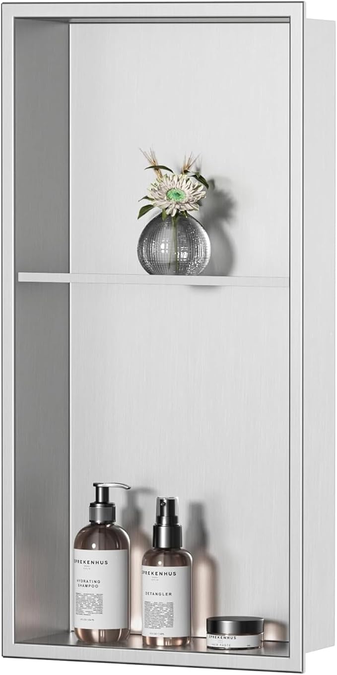 Neodrain No Tile Shower Niche, Brushed Stainless Steel Bathroom Shelf 24" X 12", Two-Tier Stainless Cubby, Bathroom Niche Cubby for Storage, No Tile Needed Recessed