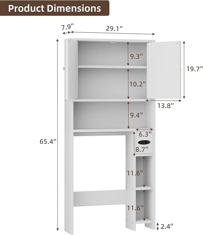 Shintenchi Over The Toilet Storage Cabinet, Bathroom Storage Cabient with Barn Doors, Bathroom Storage Shelf Organizer with Toilet Paper Holder, Adjustable Shelf and Anti-Tip Device, White