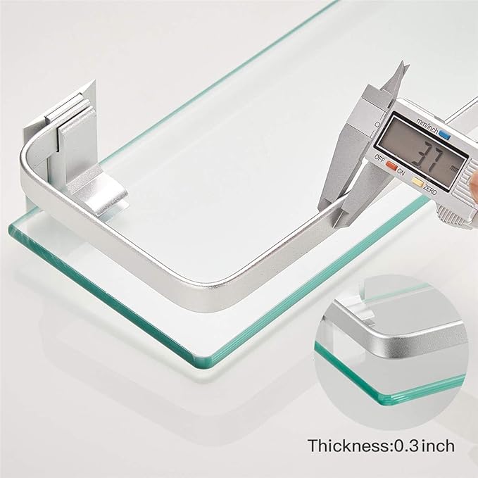 VOLPONE Glass Bathroom Shelf 15.7in Bathroom Shelf Wall Mounted Floating Glass Shelves with Towel Holder Glass Shelf for Bathroom 2 Tier (Sliver)