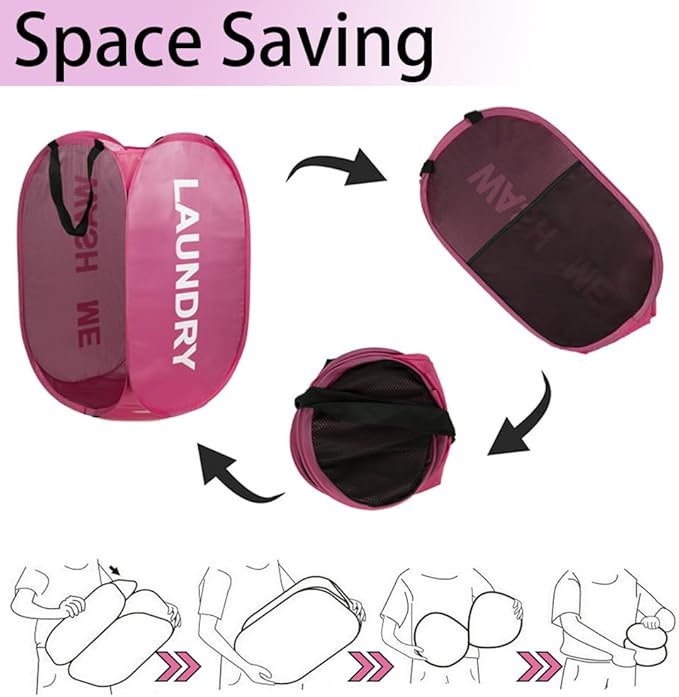 2 Pack Mesh Pop Up Laundry Hamper Collapsible Laundry Basket with Side Pocket, Strong Handles, Storage Organizer for Bedroom, Nursery Room, College Dorms (Black+Pink)