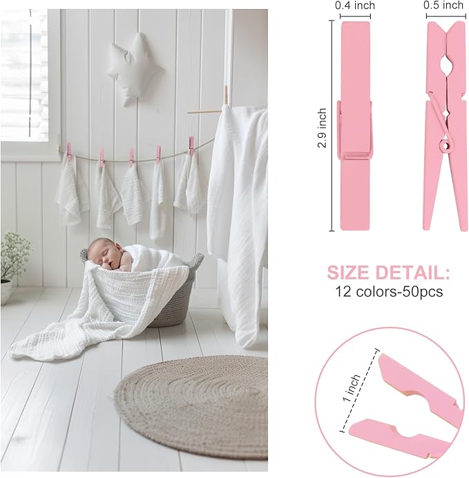 Colored Clothes pins 2.9inch 50PCS Pink, Colorful ClothesPins Wooden Clips for Photos Pictures Decorative Crafts, Decoration clothespins Clothing Hanging clothespins
