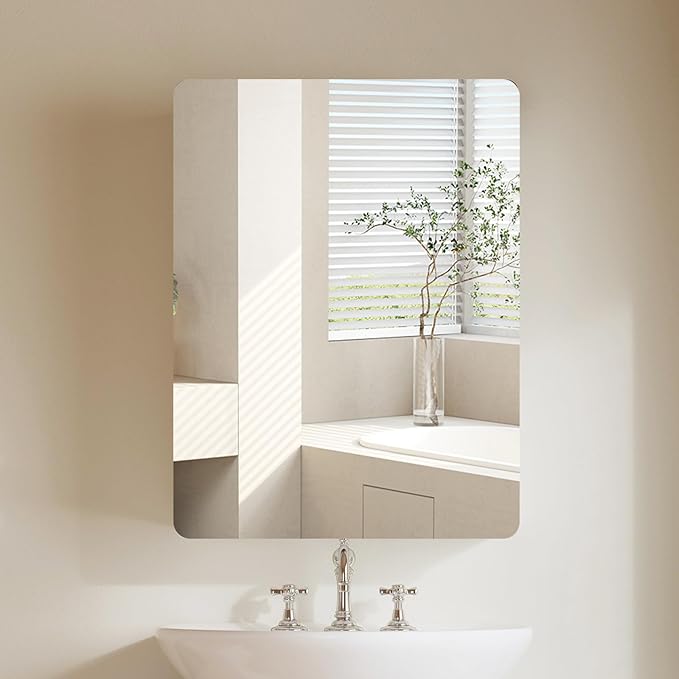 TEENFON Medicine Cabinet Mirror with 2 Adjustable Shelves, Bathroom Mirror with Storage, Recessed or Wall Mount Bathroom Cabinet, White UNGGX004W