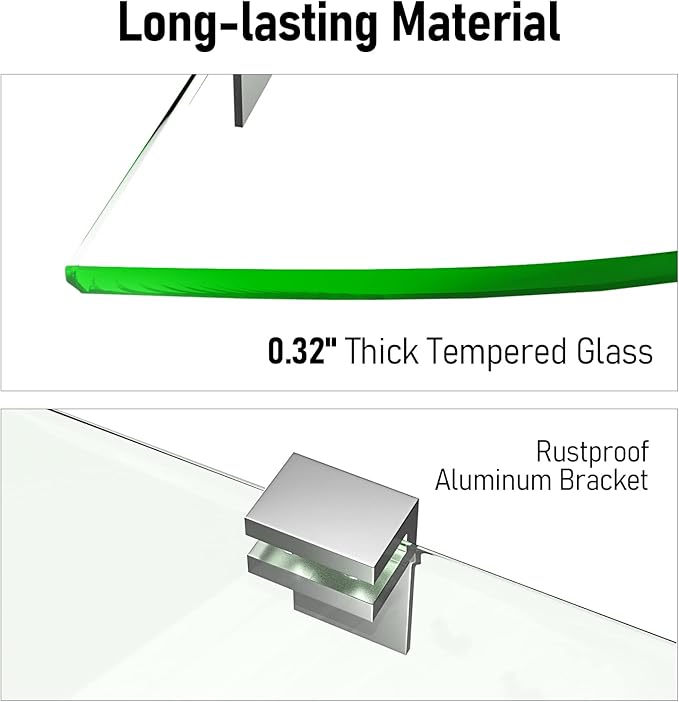 Tempered Glass Corner Shower Shelves for Inside Shower, 2-Pack No Drill Adhesive Bathroom Organizer, Rustproof Aluminum Brackets, Glass Shower Corner Shelf