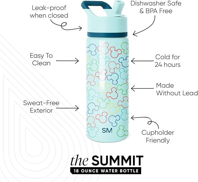 Simple Modern Kids Summit Water Bottle with Straw Lid | Disney Mickey Mouse 18oz Stainless Steel Cup Insulated Tumbler for Boys, School | Cheers to Mickey Ears