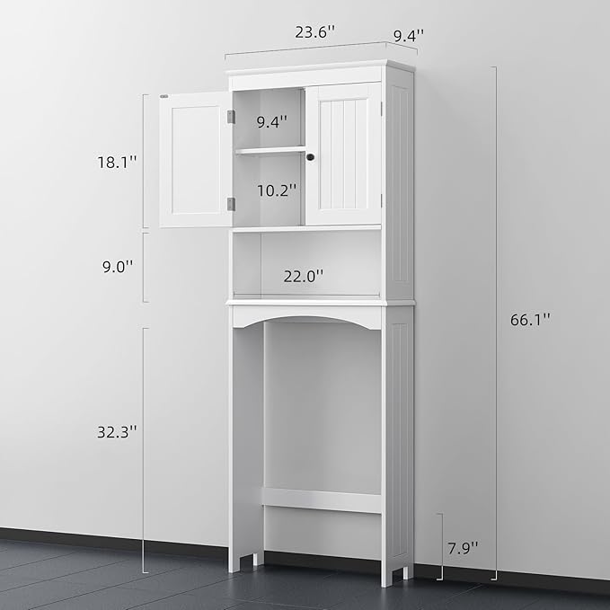 Bealife Over The Toilet Storage Cabinet with Open Shelf, Organizer with Adjustable Shelf and Double Doors,Over The Toilet Storage Shelf Free Standing- White