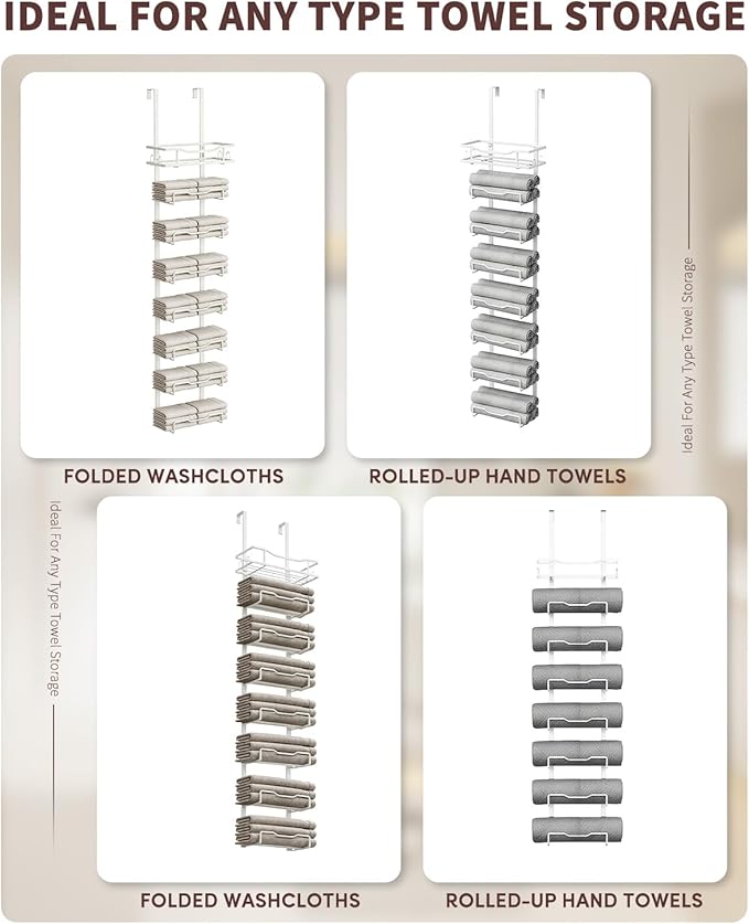Hanging Towel Racks for Bathroom No Drill - Over The Door 8-Tier Bath Towel Storage Organizer for Small Bathrooms - Back Door Large Tiered Towel Holder Hanger for Rolled Towels RV Camper White