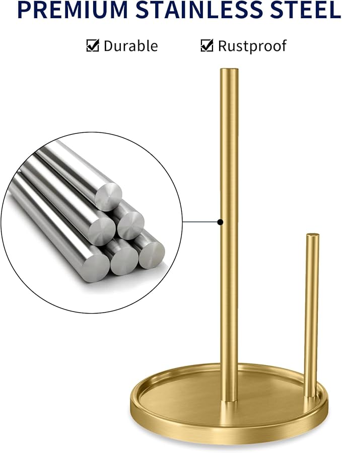 Paper Towel Holder Countertop, Gold Kitchen Paper Towels Holder, Paper Roll Holder with Weighted Base