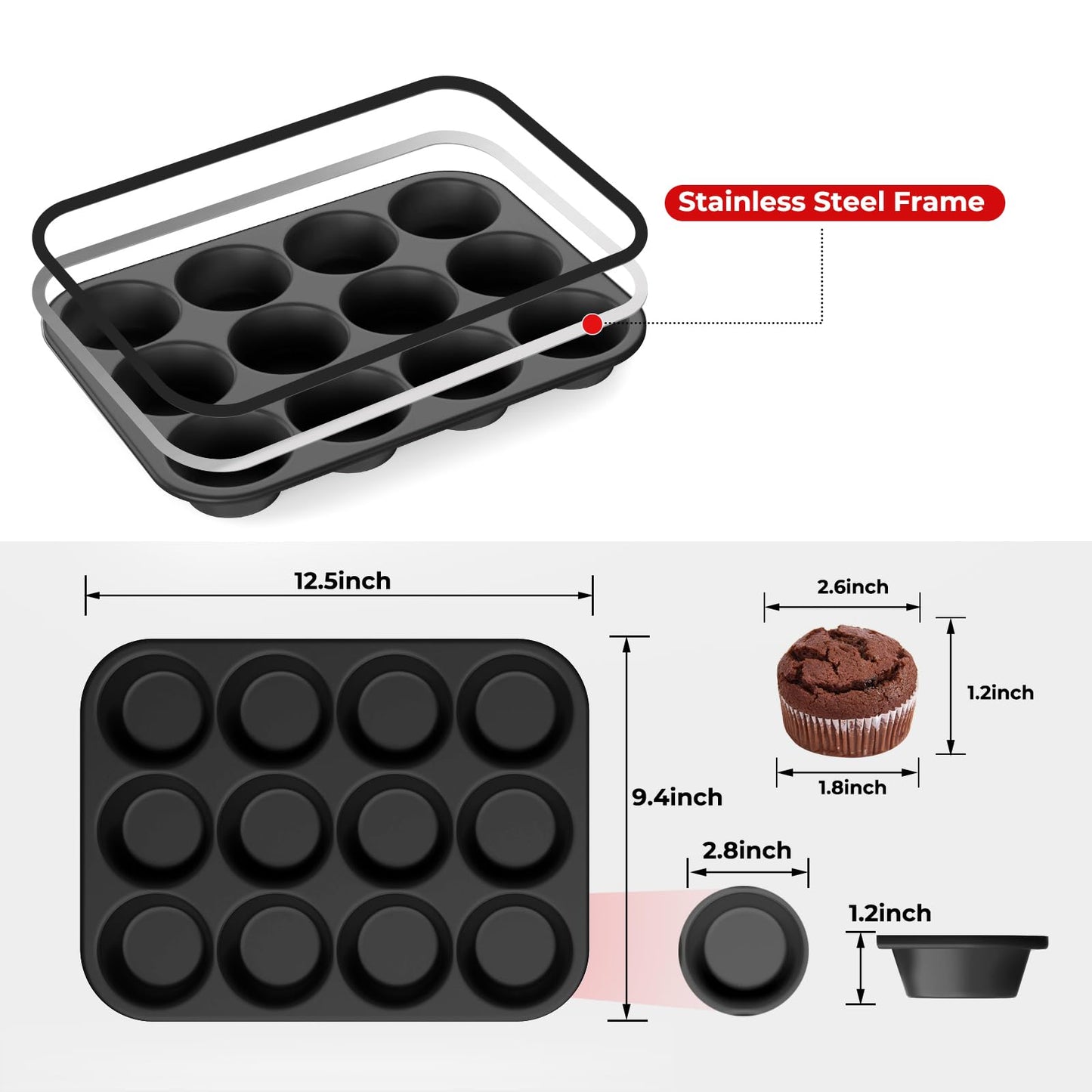 Samuelworld Silicone Muffin Pan for Baking: 24 Cup Muffin Pan with Metal Reinforced Frame, Regular Size Cupcake Egg Bites Molds for Baking, BPA Free Silicone Muffin Tray, 2 Pack, Red (With Scooper)