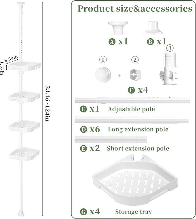 Tension Pole Shower Caddy Organizer with 4 Tier L-Shaped Rust Resistant Bathroom Corner Shelves with 34-124 Inch Adjustable No Drilling Quick Install Shower Rack for Bath Essentials (White)