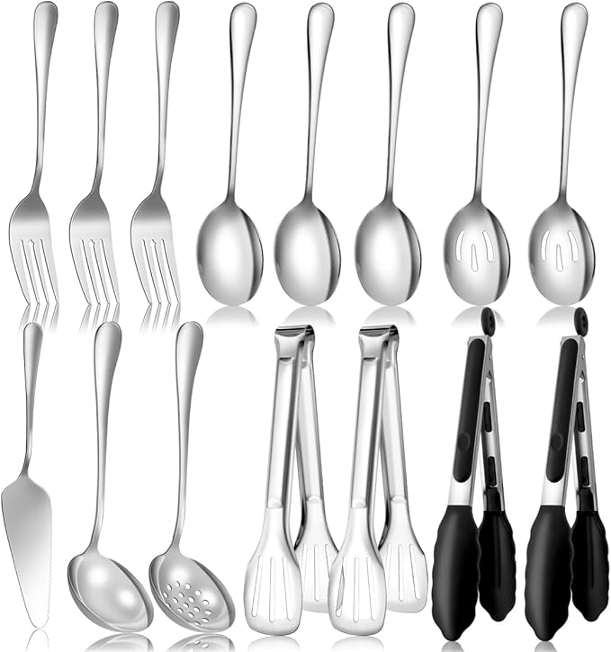 Rainbow Serving Utensils Set Stainless Steel, 15pcs Large Metal Serveware Serving Spoons, Slotted Spoons, Forks, Tongs, Soup and Skimmer Spoon, Cake Server for Partie, Buffet, Catering, Entertaining