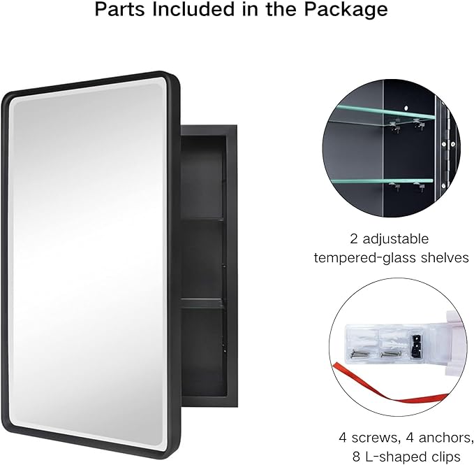 TEHOME Farmhouse Black Metal Framed Recessed Bathroom Medicine Cabinet with Beveled Mirror Rounded Rectangle Bathroom Medicine Cabinet 16x24 inch