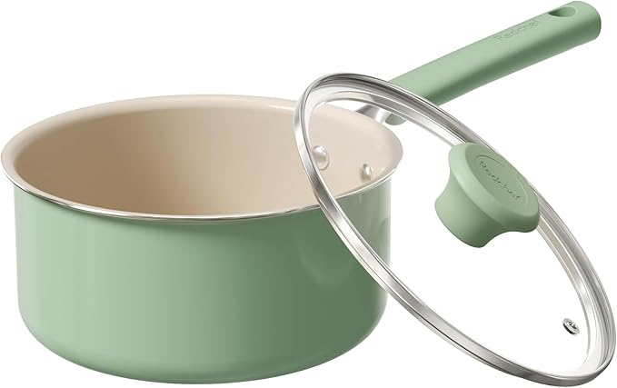 Redchef Ceramic Nonstick Saucepan with Lid, 2.5QT Small Cooking Pot, Non Toxic Sauce Pans for Kitchen, Cool Handle PFAS Free Compatible with All Cooktops, White