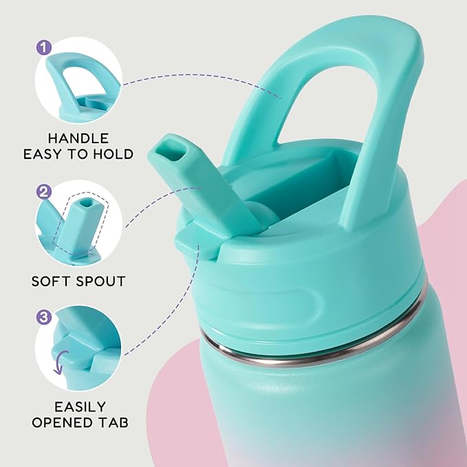 12oz Kids Water Bottle for School, Toddler Water Bottles with Straws, Insulated Water Bottles for Boys&Girls, Stainless Steel Vacuum Insulated Bottle for Kids, Leak-Proof, BPA-Free, aurora
