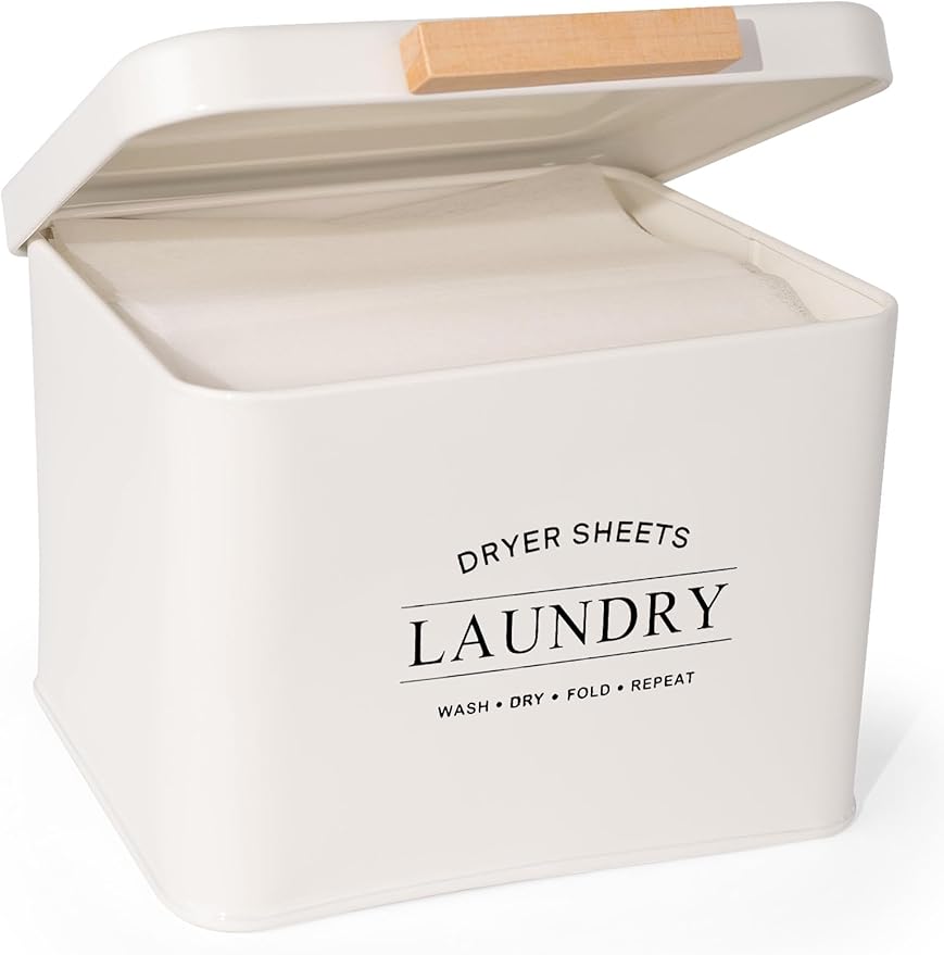 Dryer Sheet Holder with Hinged Lid for Laundry Room Organization, Metal Farmhouse Dryer Sheet Container, Laundry Room Decor and Accessories (Cream)