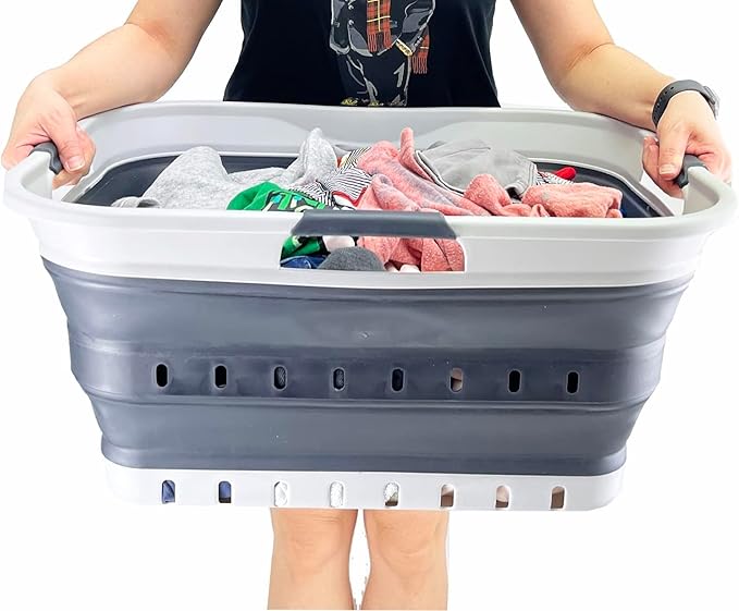 SAMMART 42L (11 gallon) Collapsible Plastic Laundry Basket - Foldable Pop Up Storage Container/Organizer - Space Saving Hamper/Basket (Grey/Charcoal Black)