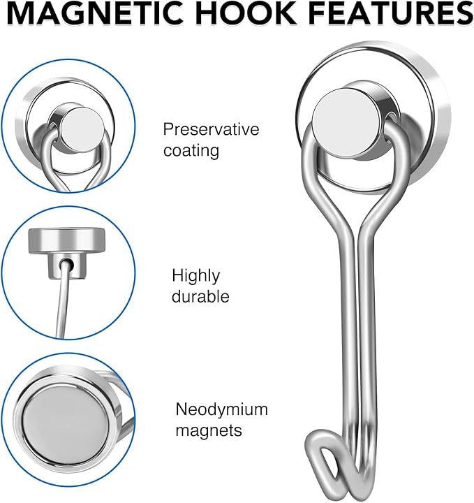 LOVIMAG Hooks, 30lbs+ Magnetic Magnet Hook 2025 Cruise Cabin Ship Essentials Heavy Duty Strong Refrigerator Fridge Hanging for Classroom Beach Vacation Kitchen Grills Home Mug Hanger (12 Pack), Silver