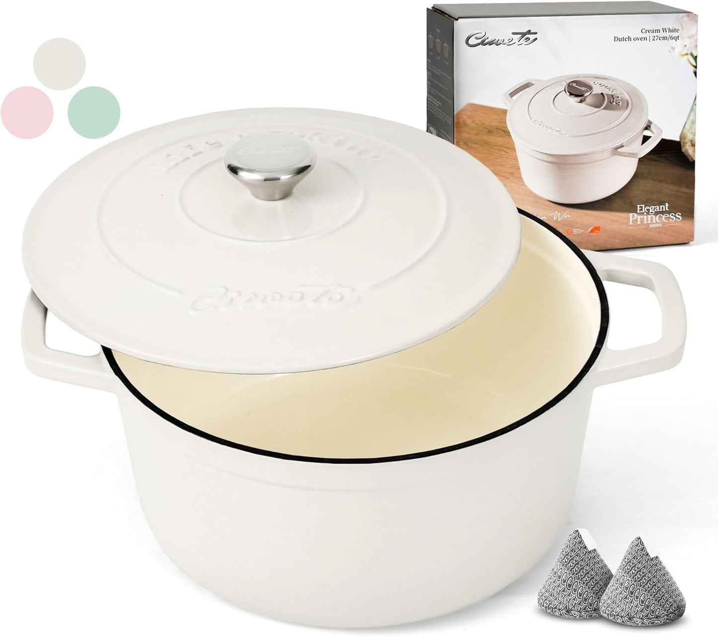 Ciwete Enameled Cast Iron Dutch Oven Pot, 6 Quart, Cream White