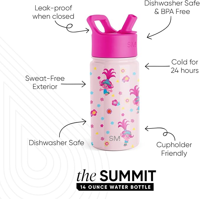 Simple Modern Kids Summit Water Bottle with Straw Lid | Trolls 14oz Stainless Steel Cup Insulated Tumbler Tumbler for Toddlers, School | Trolls Poppy Mashup