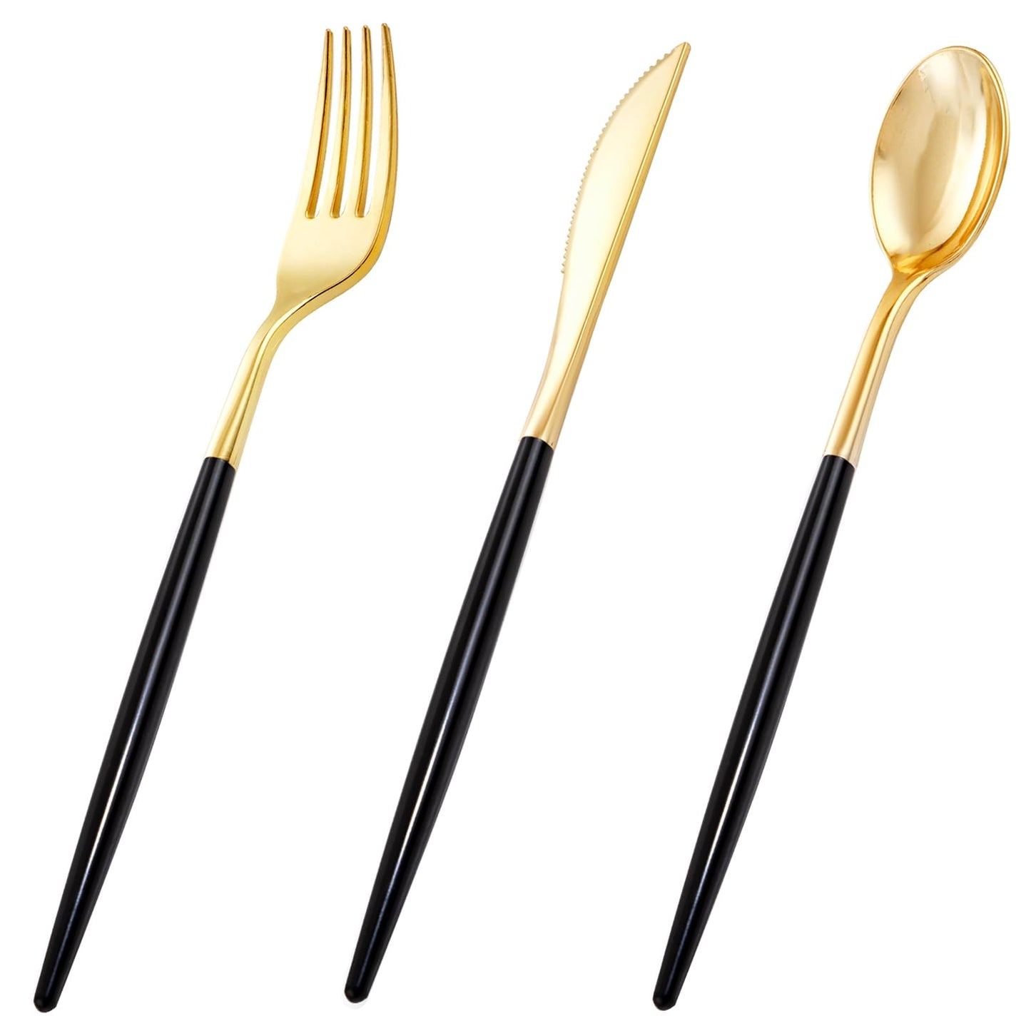 I00000 60 Pcs Black Plastic Cutlery Set, Gold Utensils with Black Handle