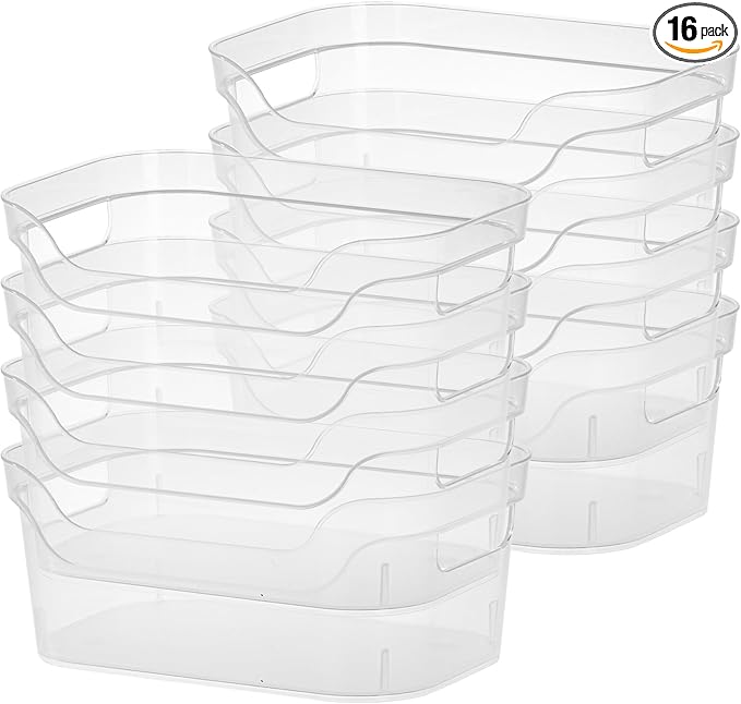 Sterilite 5.25x9.5x13 In Medium Polished Open Scoop Front Storage Bin w/Comfortable Carry Through Handles for Household Organization, Clear (24 Pack)