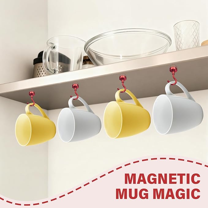 Magnetic Hooks, 25 lbs Magnetic Hooks, Magnet Hook for Cruise Cabins, Magnet Metal Hooks for Refrigerator, Mugs, Classroom, Kitchen, Home (Red, 8 Pack)