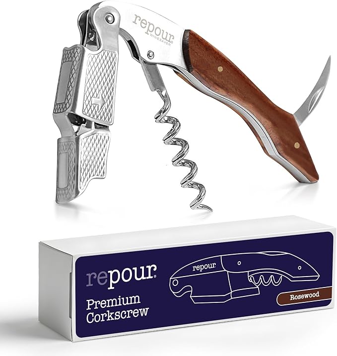 Repour 3 in 1 Corkscrew- Professional Wine Bottle Opener with Serrated Foil Cutter and Bottle Opener- Manual Wine Key for Bartenders, Servers, Waiters, and Wine Enthusiasts (Mahogany)
