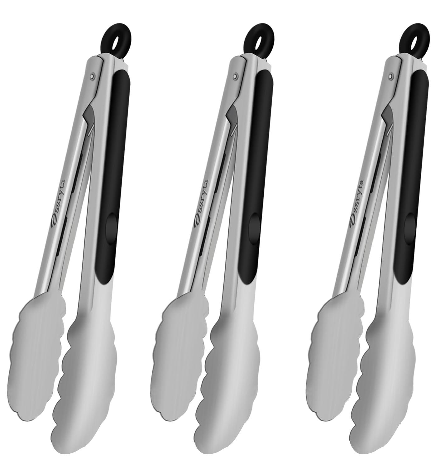 Ossryta Stainless Steel Cooking Tongs Set of 3 - Heavy Duty 12/9/7 Inch Locking Tongs, Heat Resistant to 600 Degrees, Food Grade Kitchen Metal Tong for Food, Salad, & BBQ - Dishwasher Safe